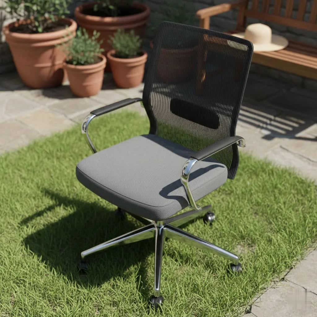 Person testing an ergonomic office chair in a showroom