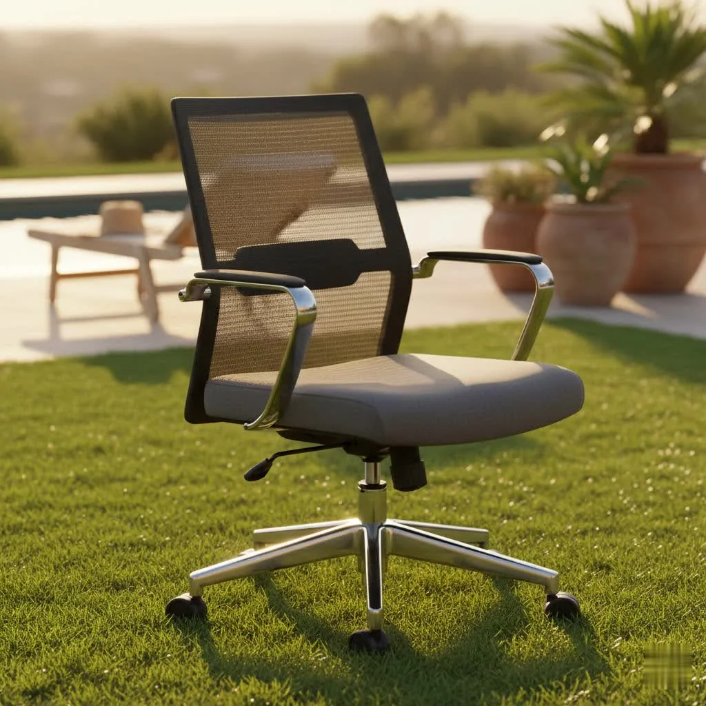 Brown leather office chair in a modern workspace
